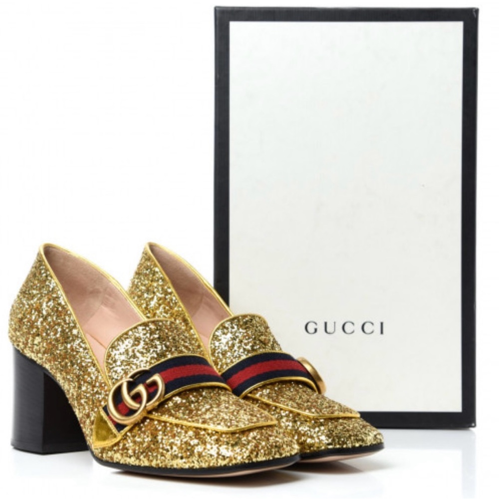 Gucci Glitter Gold Loafers with Red Heart and Blue Stripe - Picture 4 of 11